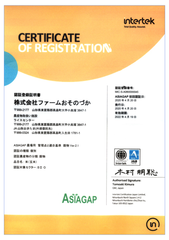 アジアギャップ認証登録証明書